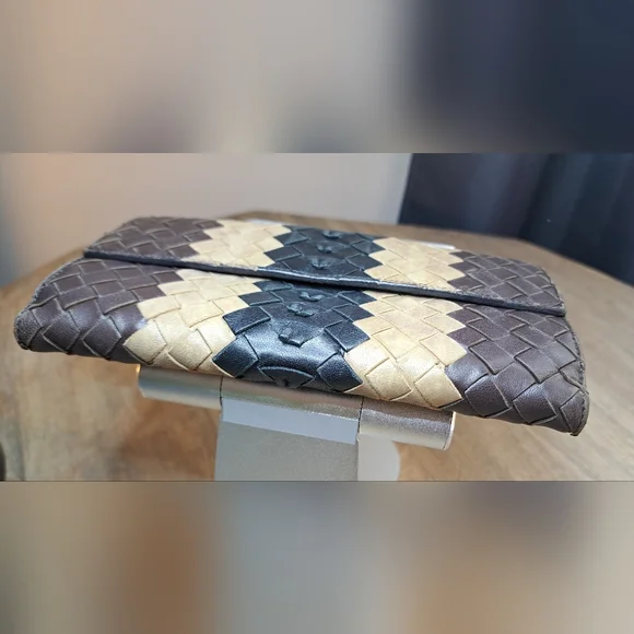 Bottega Veneta Intreccaito Black Brown and Tan Woven Wallet Clutch